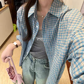 现韩国小众美式复古oversize格子防晒衬衫女秋季宽松休闲上衣休闲