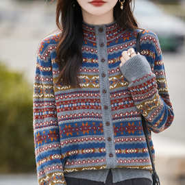 秋冬新款浣熊绒半高领针织开衫女费尔岛提花撞色加厚毛衣外套女装