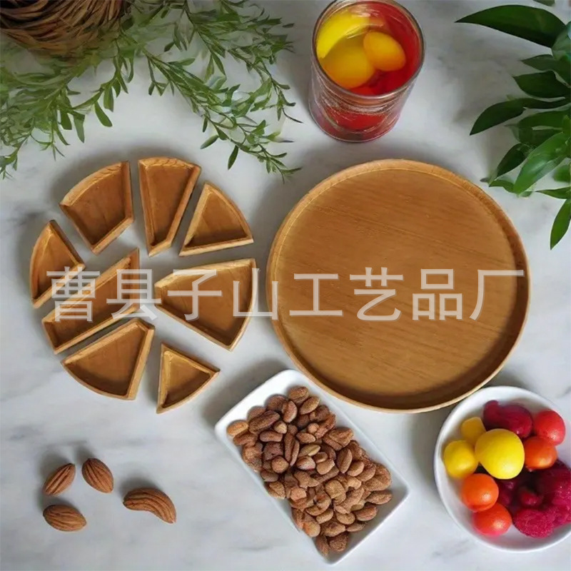 Nuevos productos transfronterizos de madera frutas refrigerios nueces bocadillos desmontables 8 bandejas divididas bandeja de pizza pan de madera image 3