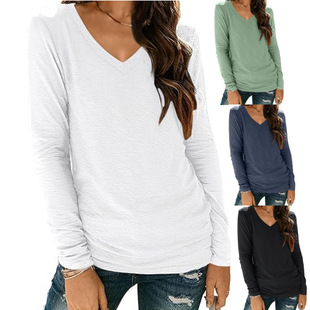2024 Women's New V Neck Long-sleeved Women's T-shirt Export Shirt Cross-border Pure Color Top T-shirt
