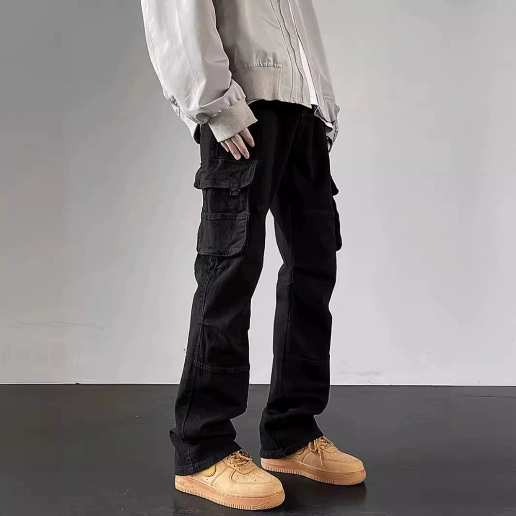 Черные анимированные джинсы мужские летние американские высокие улицы vibe многокарманные свободные прямые брюки для отдыха