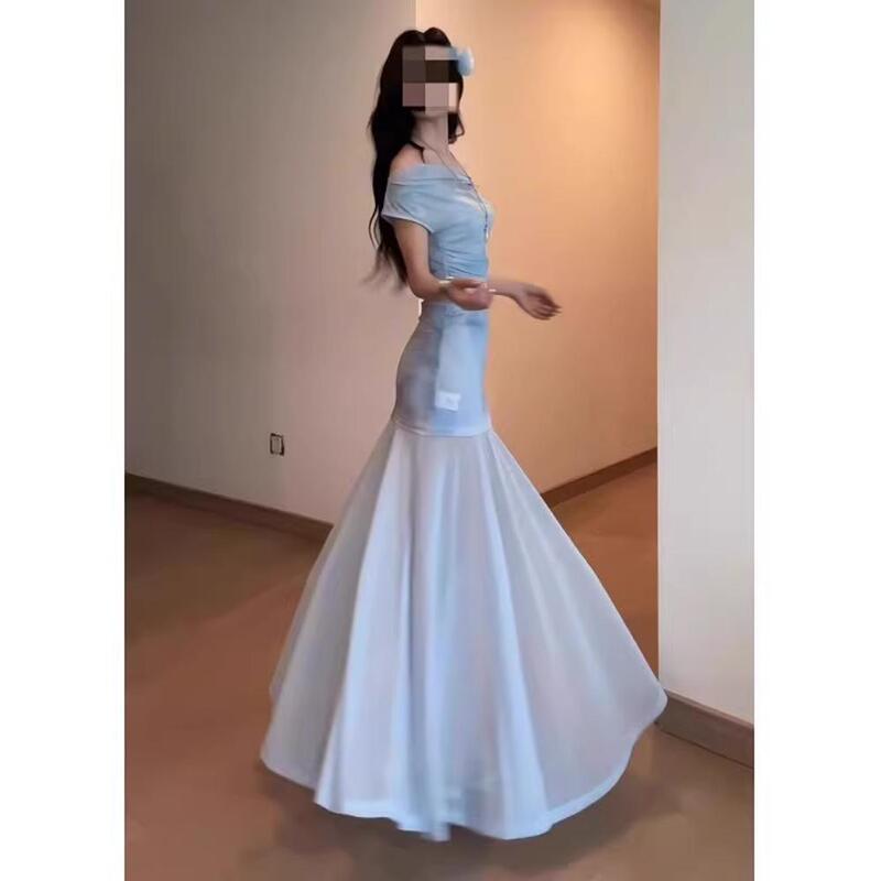 French-Style Blue Printed One-Shoulder Dress for Women, Perfect for Summer Seaside Vacations, Stunning Slim-Fit Fishtail Bodycon Long Dress