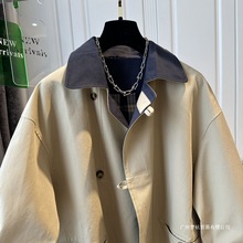 英伦风领口撞色中长款风衣女2024早秋款宽松显瘦大码休闲百搭外套