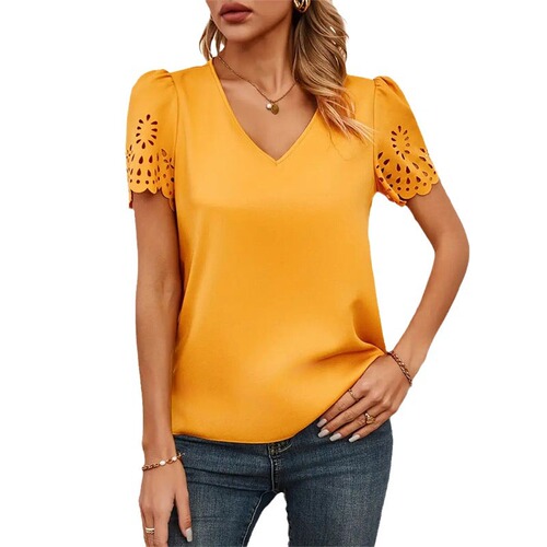 Women's Commute Burnout Lace Short Sleeve Top, V-Neck Pure Color T-Shirt for Spring and Summer