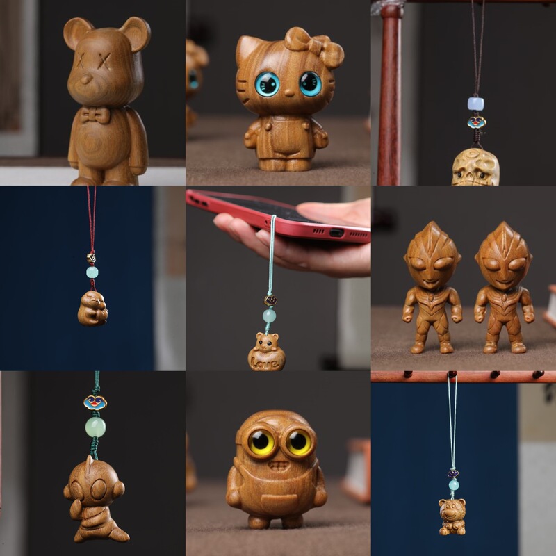 Green Sandalwood Kitten Ornaments Cute Mouse Wooden Tiger Wen Play Handle Piece Birthday Gift Carved Keychain