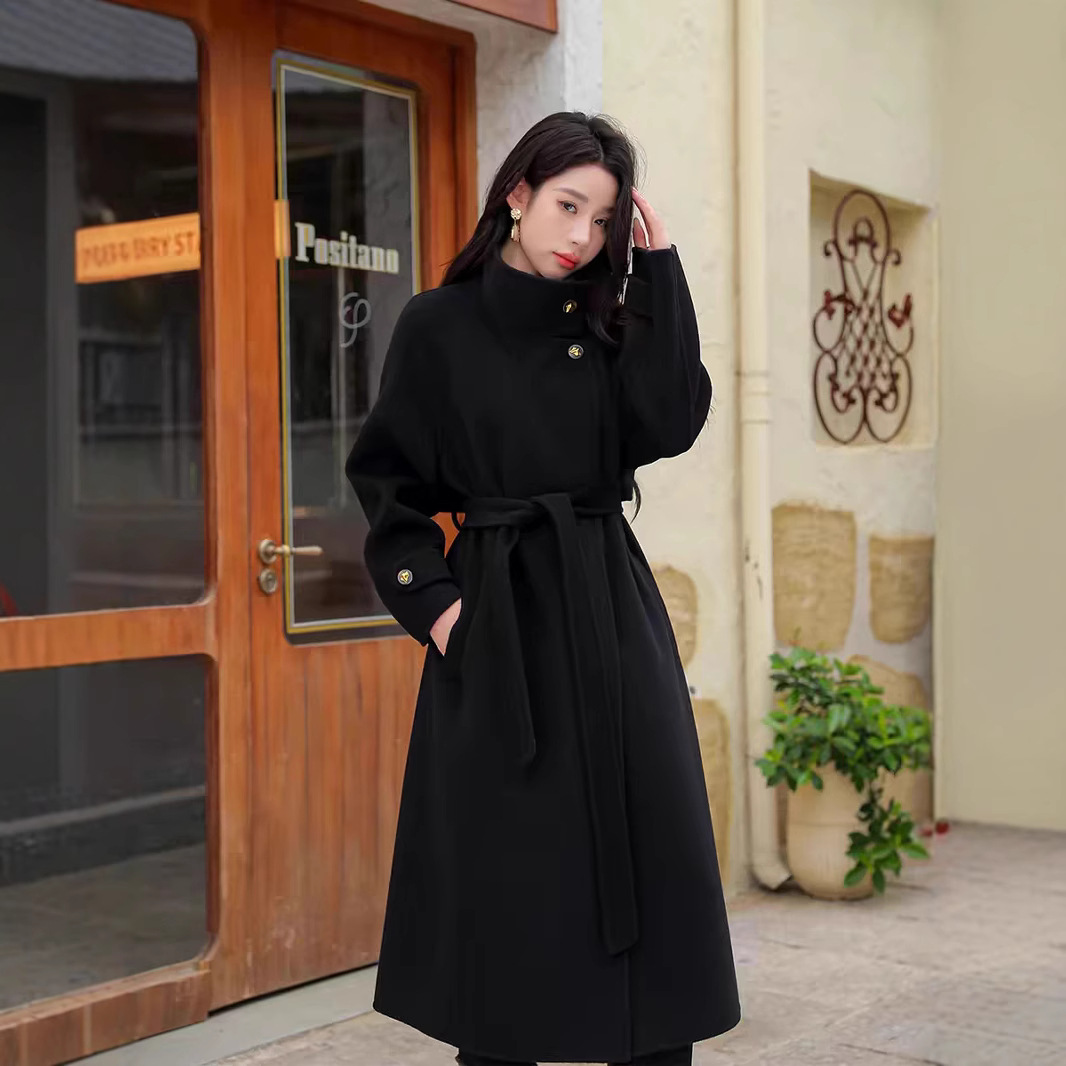 High-End Double-Sided Woolen Outwear for Autumn and Winter Women's Long Over-The-Knee Elegant Hepburn Style Stand-Up Collar Lace-Up Classy Outwear
