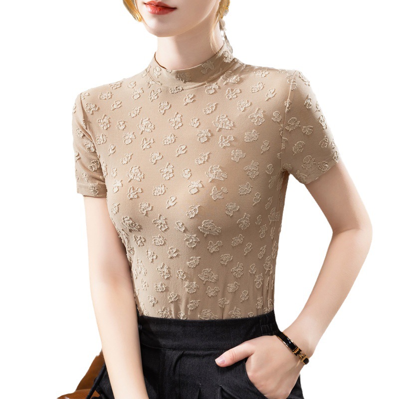 Camiseta de manga corta con cuello alto para mujer 2023 camiseta de otoño nueva camiseta de mujer vintage bordado jacquard top