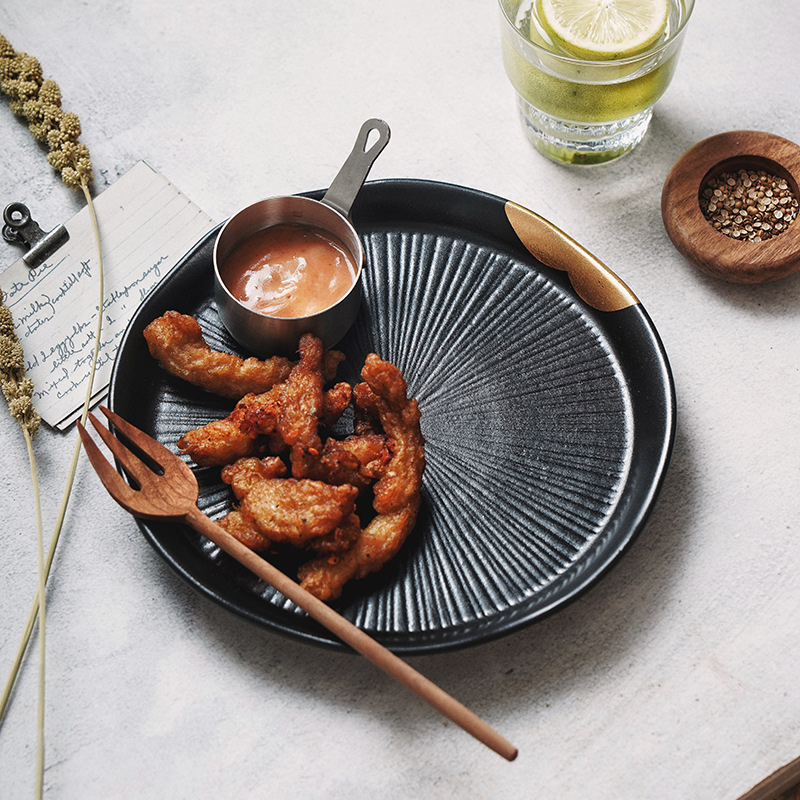 Plato de cerámica Wujin Moyu Plato de carne transfronterizo Plato de comida para el hogar Plato de comida en oro de restaurante Plato de pasta Tazón Vajilla Estilo japonés