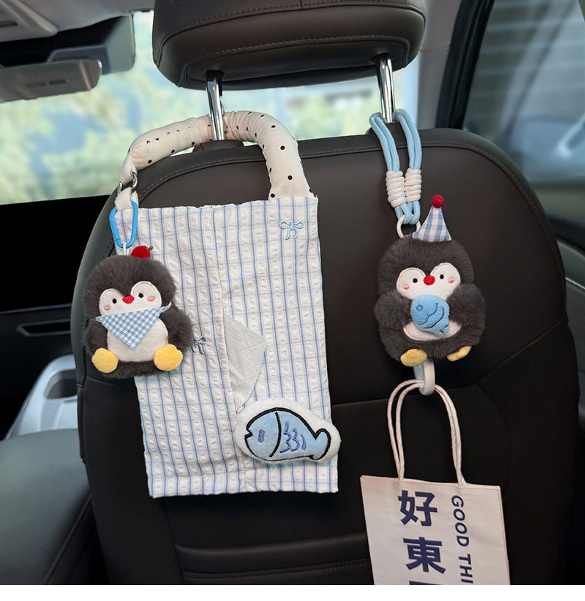 2026 New Penguin Car Trash Bin and Tissue Box 2-in-1 Front and Rear Seat Tissue Hanging Bag Cute Car Storage