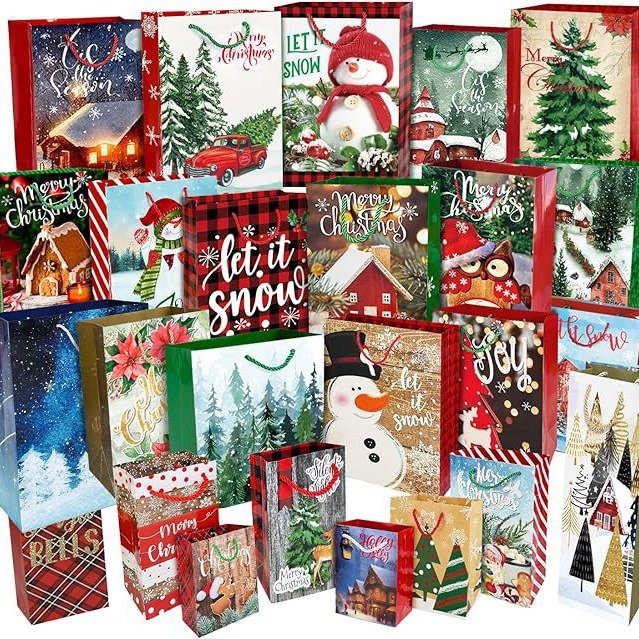 24 个圣诞礼品纸袋散装平安夜手提袋圣诞礼物袋红色 圣诞纸袋批发
