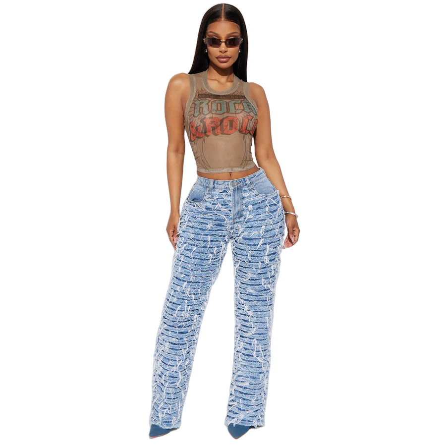 Pantalon droit en denim pour femme avec taille haute, bords usés, trous, pompons, jeans amples_voghion.com