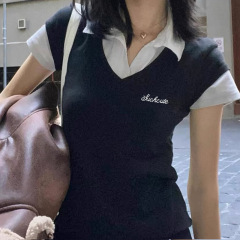 欧美刺绣学院风拼接撞色短袖T恤跨境翻领假两件修身简约百搭上衣