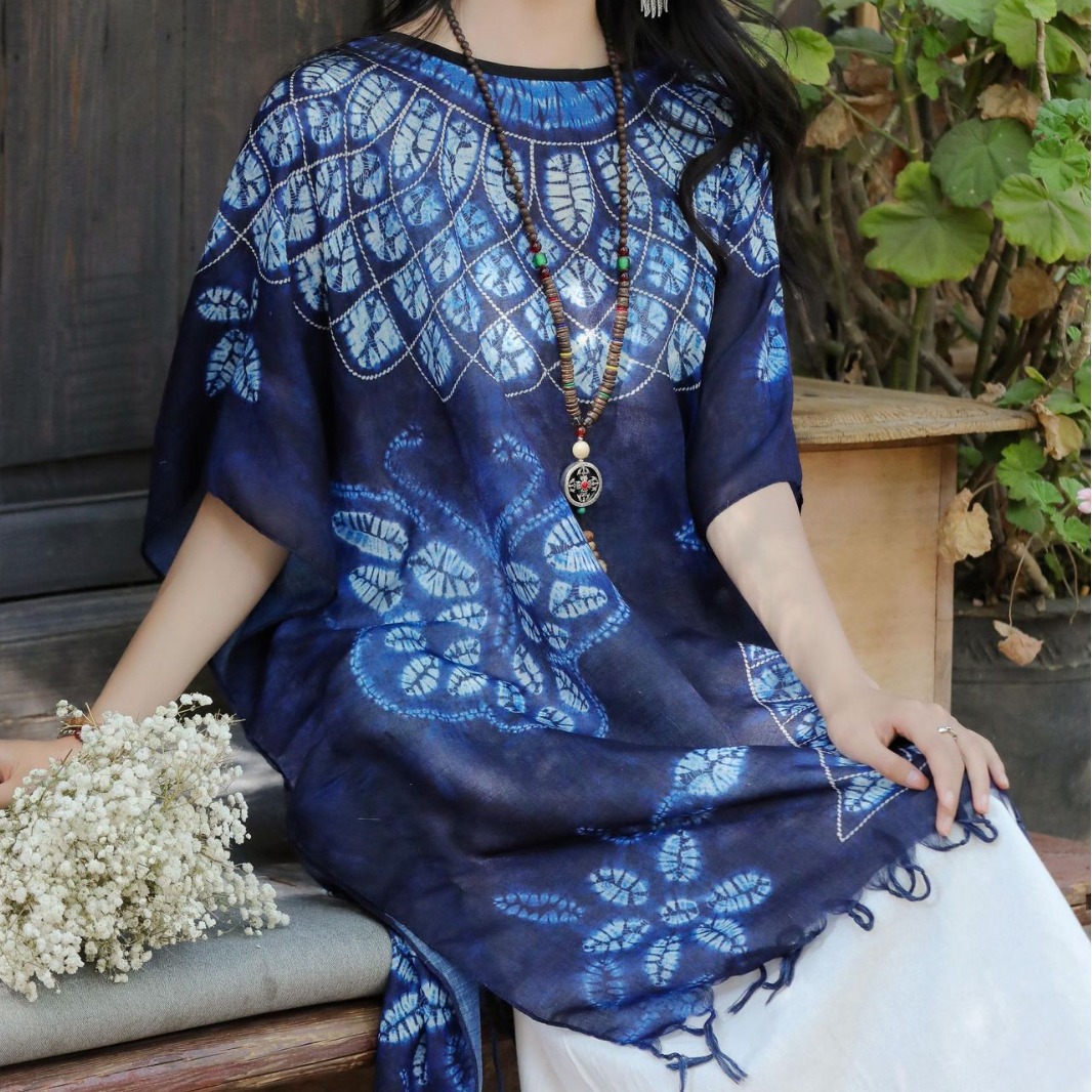 Yunnan Imitation Tie-dye Printed Scarf Ethnic Style Shawl Scarf Women's Literary Pullover Shawl Cotton and Linen Feel Fashionable