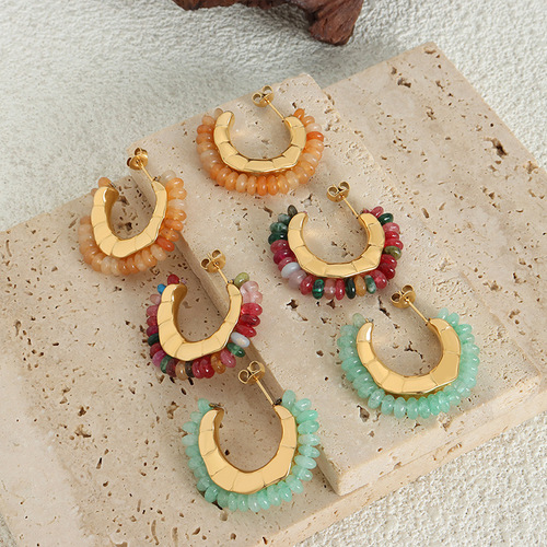 New Retro C-shaped Multicolored Natural Agate Green Ghost Stone Vintage Style Casual Titanium Steel Women's Earrings