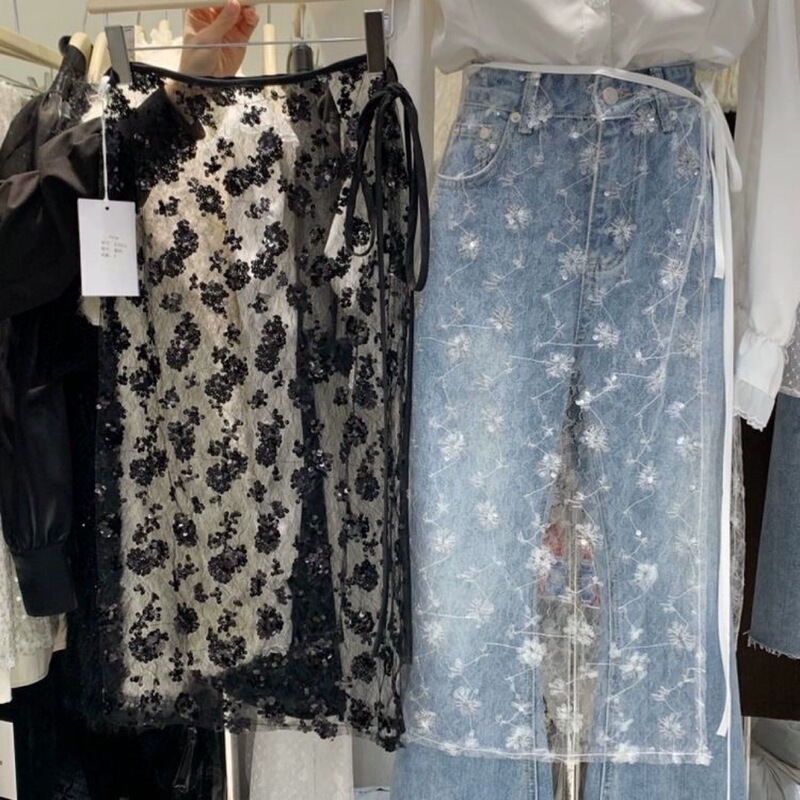 2025 Spring/Summer Korean Style Blogger Lace Sequin Sheer Tie Strap One-Piece Layered Skirt Apron Skirt