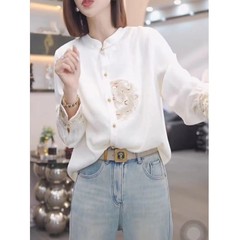 新中式国风盘扣衬衫女装春秋2025年新款早春季上衣刺绣白衬衣长袖