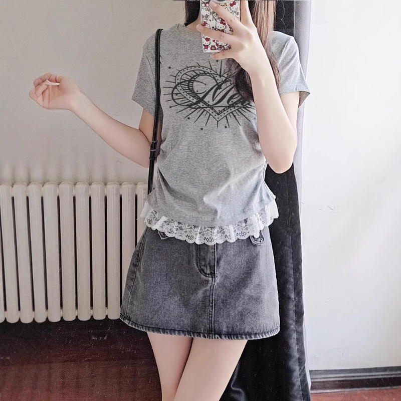 Summer New Short-Sleeved T-Shirt with Lace Waist and Pleated Slim Fit Short-Sleeved Versatile Outing Work Clothing Top