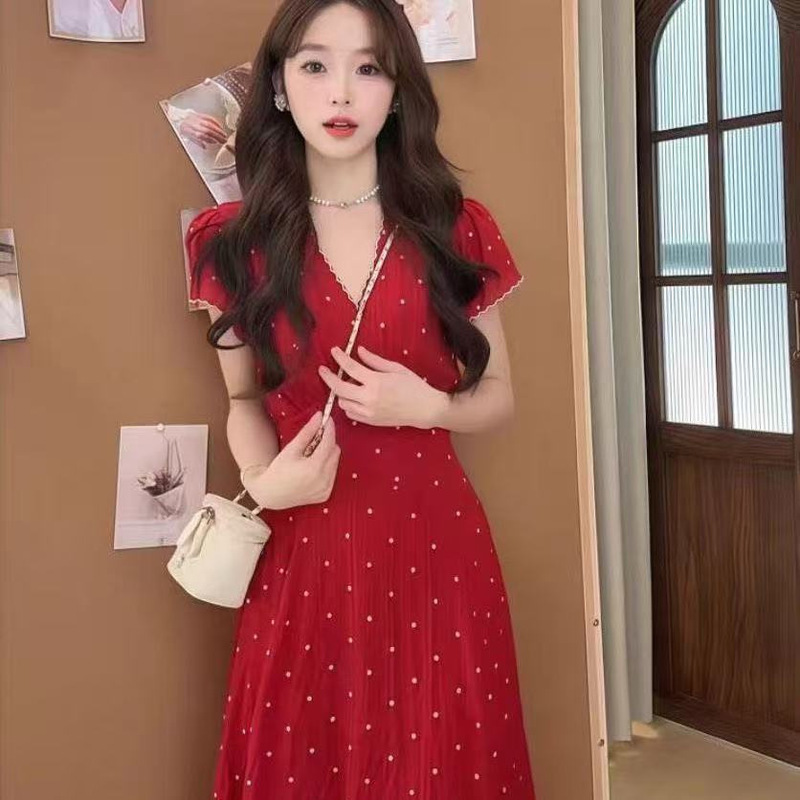 Sweet Red Polka-Dot Puff-Sleeved V-Neck Dress, New Summer Style, Gentle and Elegant, High-Waisted Holiday A-Line Long Dress for Women
