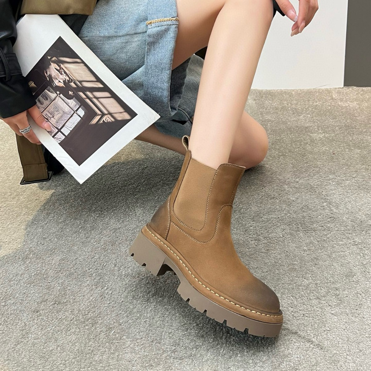 Boot nữ da bò cổ thấp đế xuồng dày khóa kéo bên — Màu đen, Màu Kaki