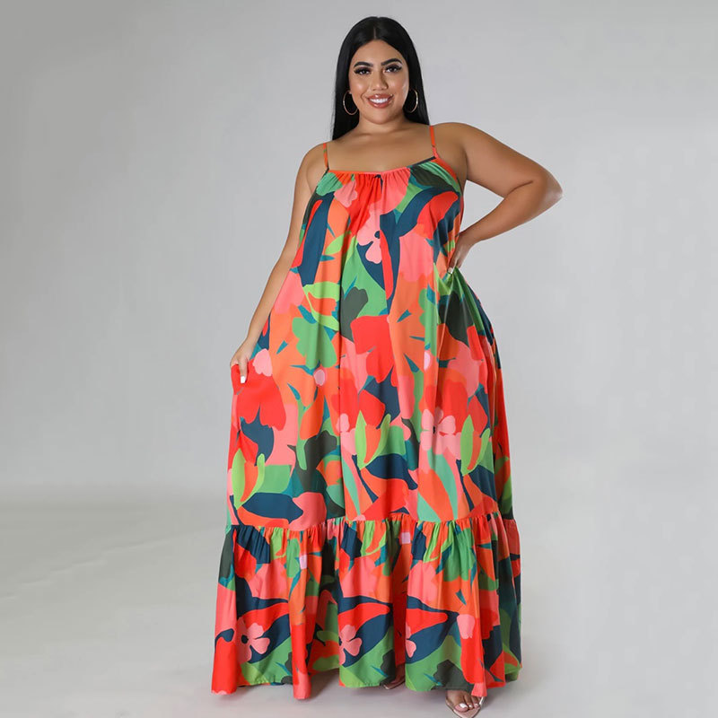 A-line Skirt Casual Collarless Printing Pleated Sleeveless Flower Maxi Long Dress Daily display picture 4