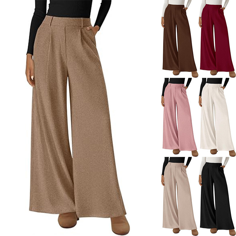 Cross-Border European and American Amazon Autumn and Winter New Ribbed Casual Wide-Leg Loose Straight Pants Elastic Waist Women's Pants