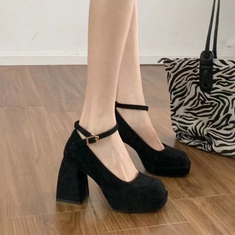 2025 New Shoes Suede Mary Jane Shoes Women's French Thick Heel High Heels Waterproof Platform Thick Sole Barbie Shoes