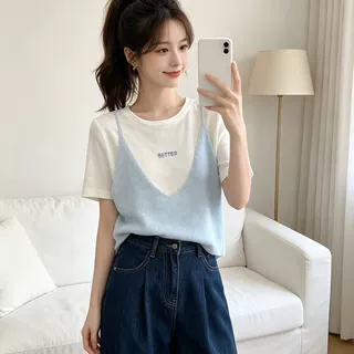 2026夏季新款假两件针织衫背心吊带韩版撞色减龄短袖洋气女士T恤