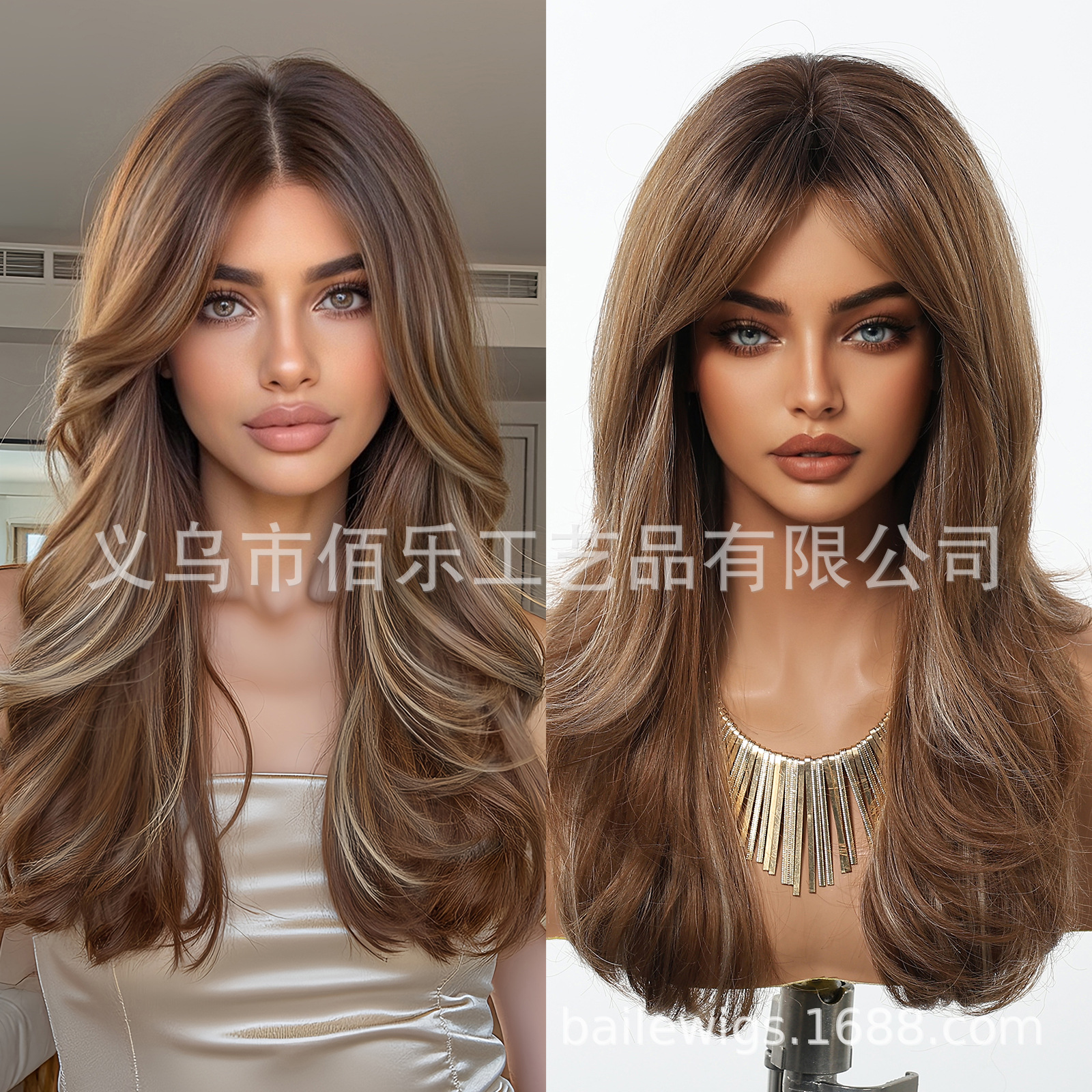 Peluca europea y americana, color marrón, flequillo de ocho caracteres, cabello largo y rizado, cubierta de cabeza completa, fibra química, hair femenino, spot transfronterizo al por mayor