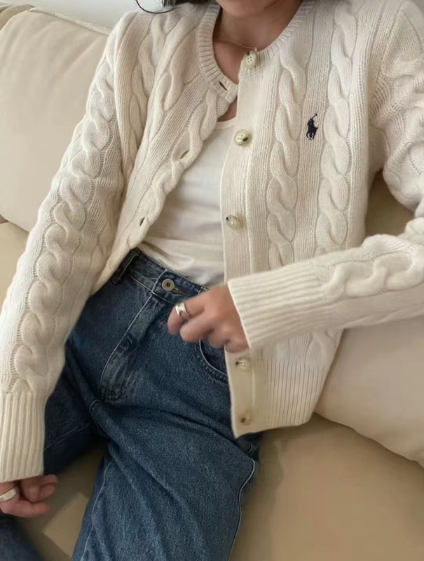 现货RL拉夫小马标刺绣纯色粗麻花毛衣开衫外套休闲百搭针织衫女|undefined