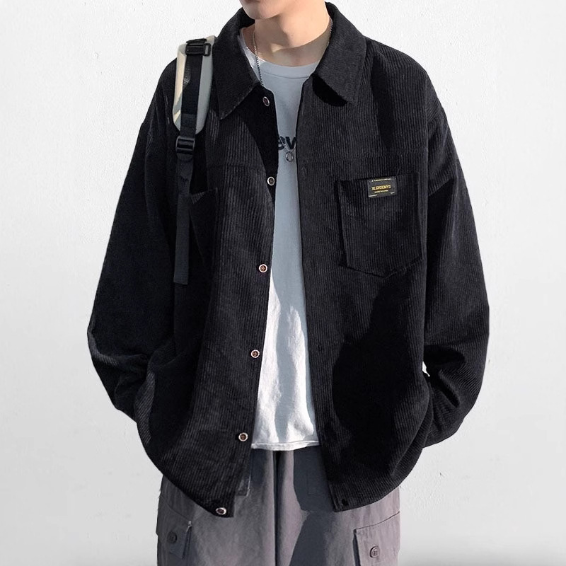 1 Cord-Langarmhemd für Herren, Frühjahr/Herbst 2025, Hongkong-Stil, locker geschnitten, mit Umlegekragen, strapazierfähig_voghion.com