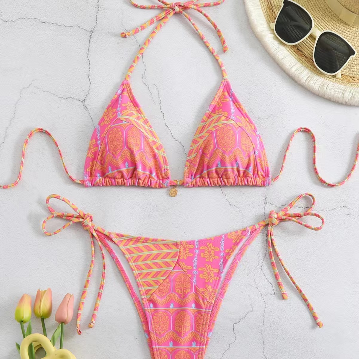Cross-border European and American split strap printed lace-up sexy bikini swimsuit stitching Amazon bikini AliExpress