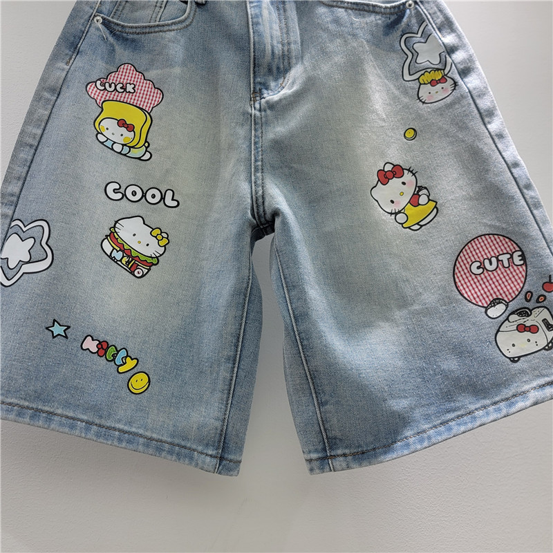 Pantalones Cortos Jeans de Pierna Ancha para Mujer de Denim, Estampado, Cintura Media, para Uso Diario image 4