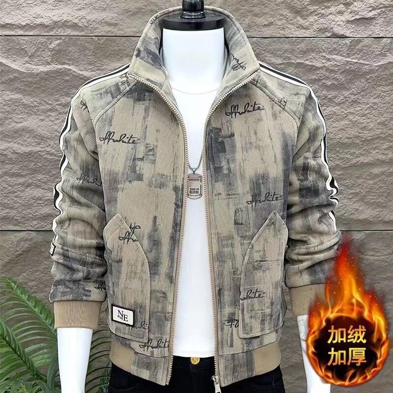 New Autumn and Winter Men's Jackets, Fleece-Lined, Warm, Fashionable, Korean-Style Camouflage, Casual, Stand-Up Collar, Versatile