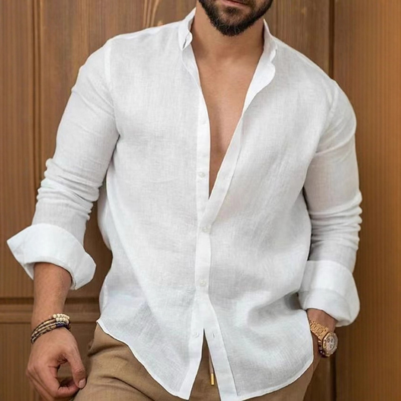 2024 Foreign Trade Amazon European and American Cotton and Linen Solid Color Men's Shirt Youth Casual