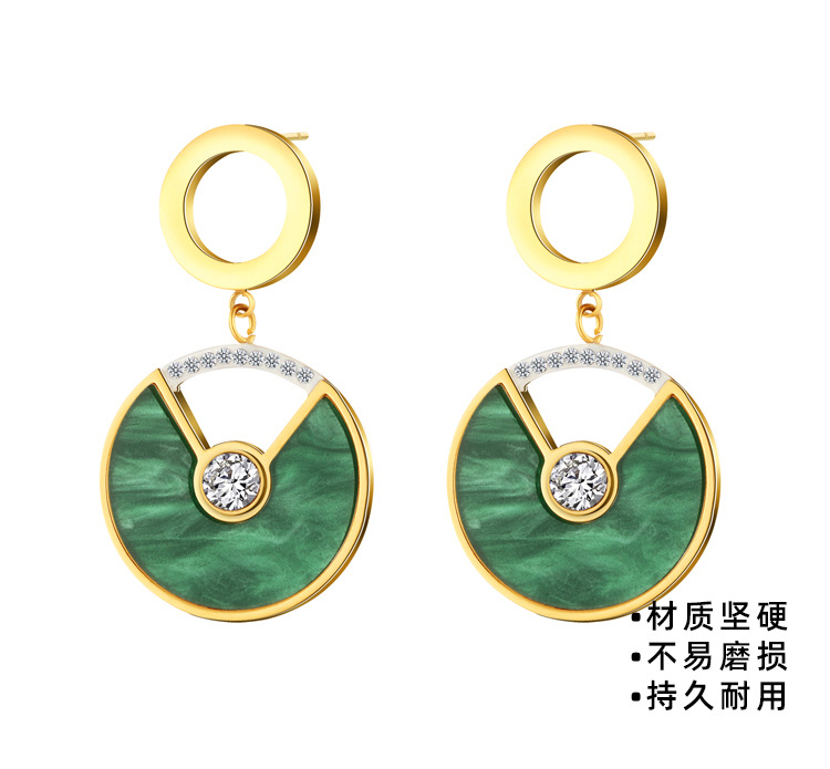 Simple Titanium Steel Plated 14k Gold Plated Inlaid Peacock Green Round Pendant Earrings display picture 8