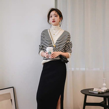 假两件堆堆领打底衫女内搭条纹针织长袖2024秋冬新款宽松高领毛衣