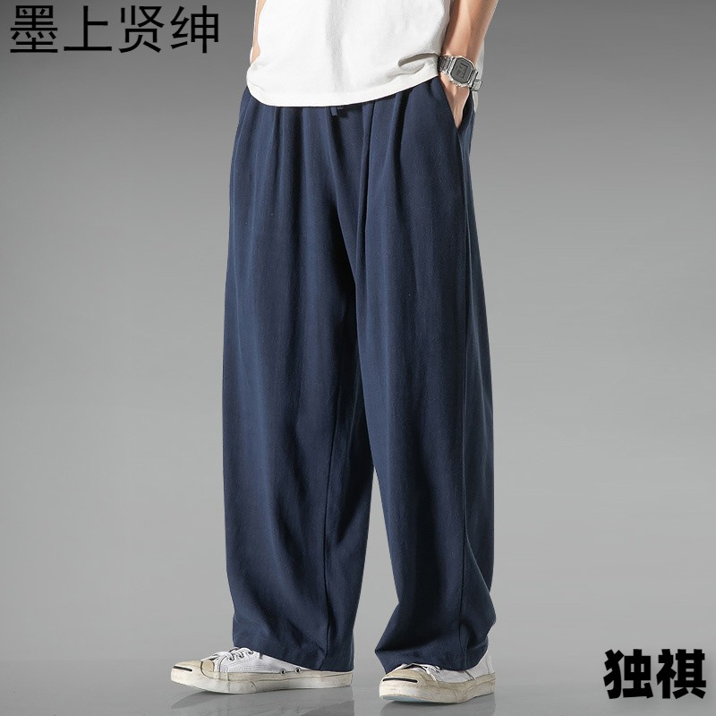 Pantalones de lino ligeros y transpirables de estilo chino, pantalones de hombre, pantalones holgados de gran tamaño de verano, pantalones anchos rectos, pantalones casuales de algodón y lino