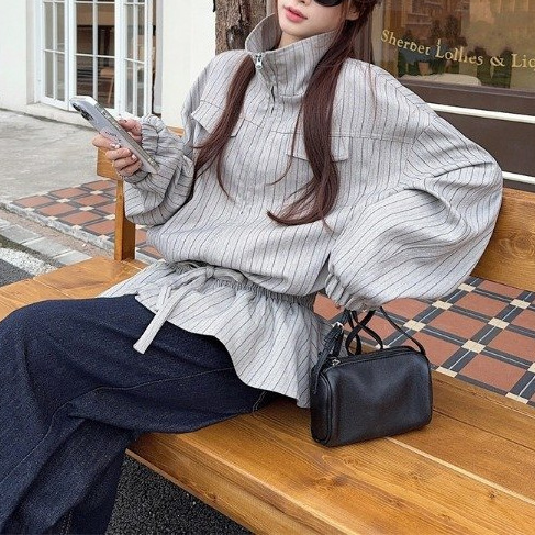复古条纹翻领长袖新款开衫外套女秋冬美式设计感小众夹克气质上衣|undefined