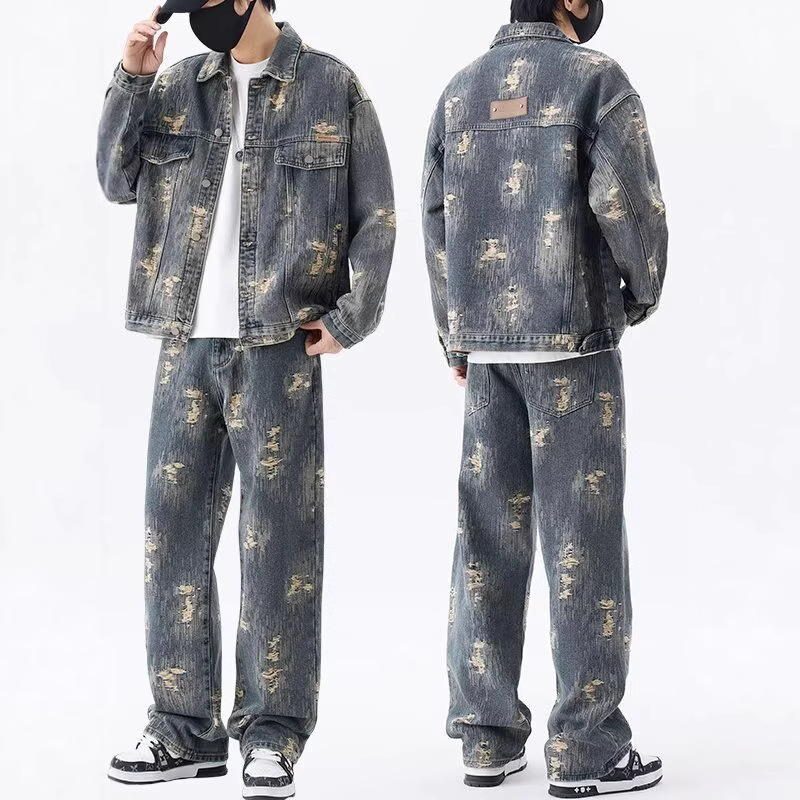Autumn and Winter New Jacquard Denim Jacket Suit Men's American Fashion Brand Handsome Retro High-End Loose Casual Pants