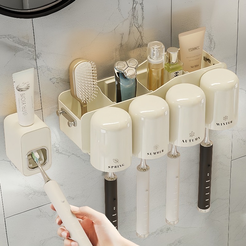 Toothbrush Holder Storage Rack Bathroom No-Drill Wall-Mounted Mouthwash Electric Toothbrush Cup Toothpaste Cup Holder