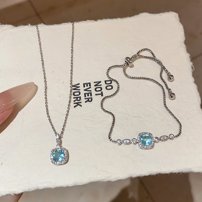 Sea Blue Square Zircon Adjustable Bracelet Korean Ins Light Luxury Bracelet Exquisite Light Luxury Fresh Bracelet