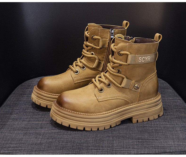 Giày boot nữ cổ ngắn đế dày phong cách Martin, lót lông ấm mùa đông — M2626-1 vàng lót nhung, M2626 màu vàng một lớp lót trong, M2626-1 kaki lót nhung, M2626 một lớp màu đen chi tiết 14