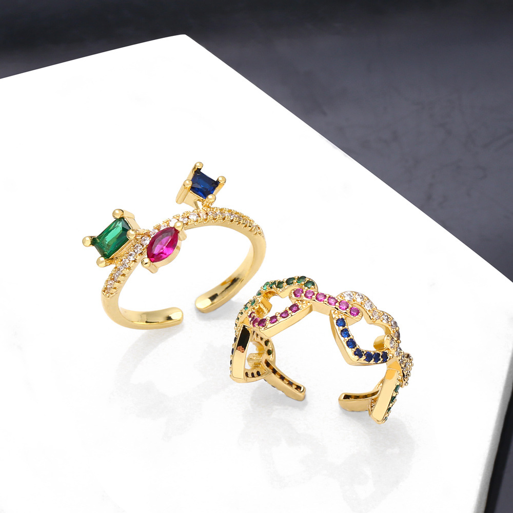 Color zircon hollow heart-shaped fashion ring copper