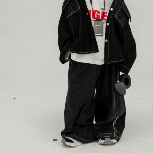 Kids' Straight Leg Jeans 2024 Spring Collection Korean Style Wide Leg Pants with Oceanic Style Braces, Versatile and Trendy