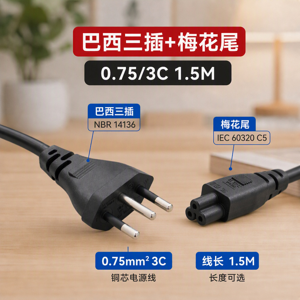 巴西三插品字尾电源线纯铜芯INMETRO认证家电连接线