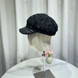小香风时尚皮檐亮片贝雷帽女秋冬复古英伦画家八角帽报童帽显脸小