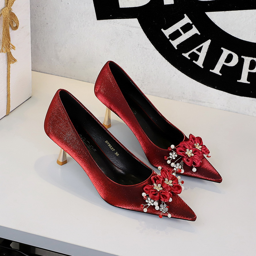 9527-H113 French-style Elegant Lady's Floral Rhinestone High-heeled For Women, Pointed Toe, Shallow Cut, Satin, Thin_vogvips.com