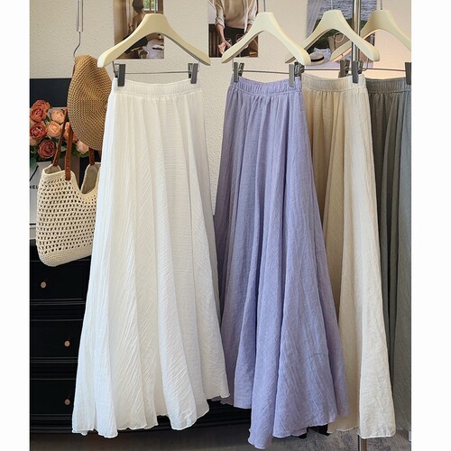 Japanese-Korean Style Ice Silk Cotton Linen Texture Pleated Half-Body Skirt for Women, 25 Summer, Draping Loose Hem A-Line Umbrella Skirt Maxi Dress