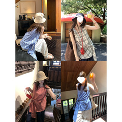 【现货】im向 伦敦格调 时髦简系格纹上衣女夏设计感绑带格子背心