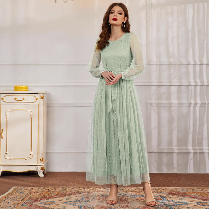 Cross-Border European and American Export Women's Clothing Spring and Summer Hot-Selling Round Neck A-Line Mesh Dress with Belt in Stock